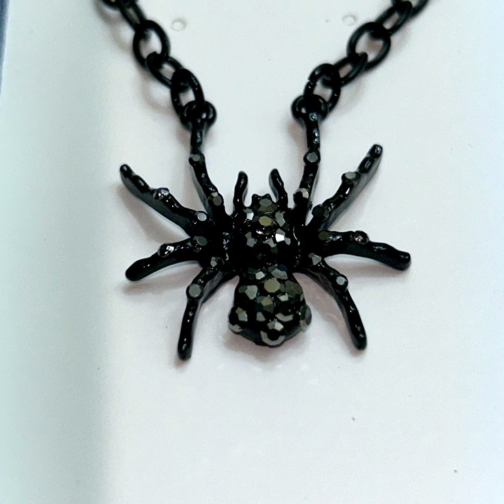 Handmade Black Widow Spider Necklace With Black Rhinestone Accents Insect Boho